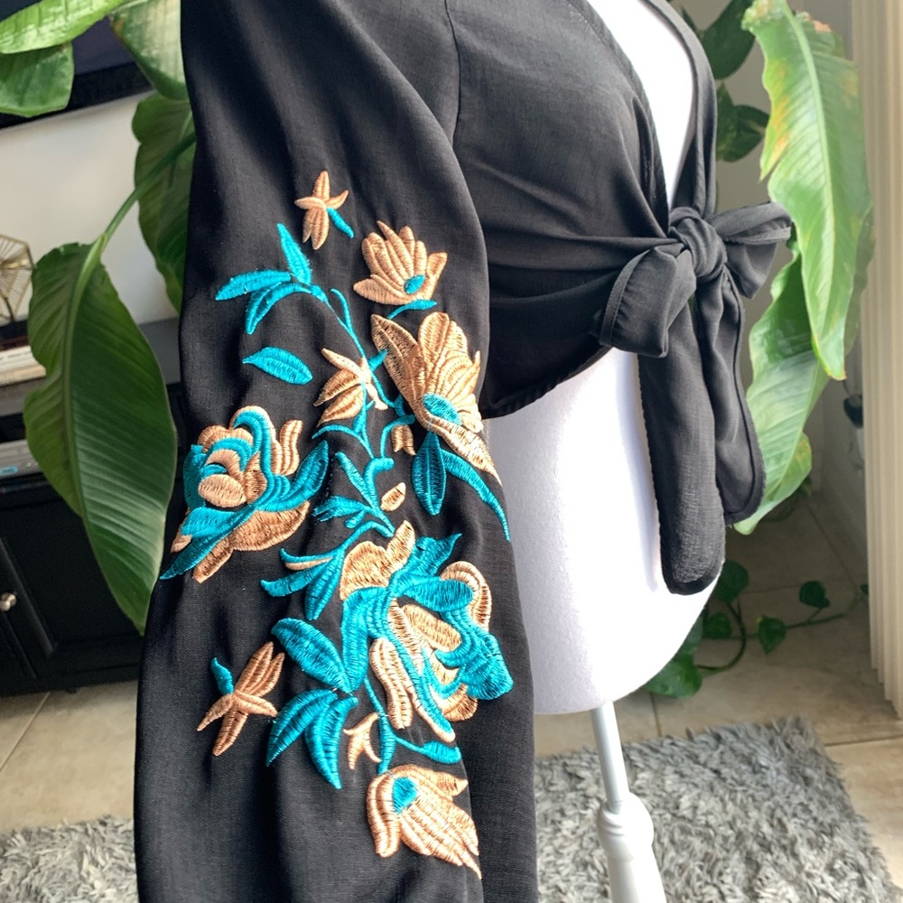 SHEIN Black Blouse with Floral Embroidery